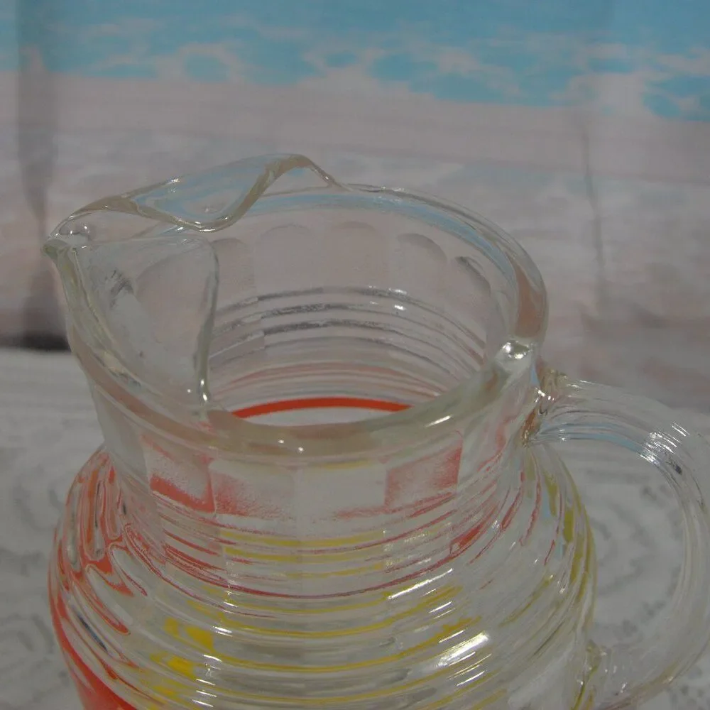 Hazel Atlas Clear Striped Glass Ice Water Pitcher Orange White Yellow Stripes